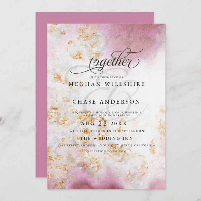Watercolor Rose Quartz Gold Geode BarefootBride™ Invitation (Front/Back)