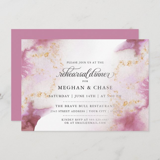 Watercolor Rose Quartz Gold Geode BarefootBride™ Invitation (Front/Back)