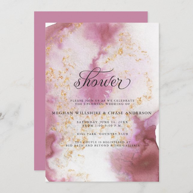 Watercolor Rose Quartz Gold Geode BarefootBride™ Invitation (Front/Back)