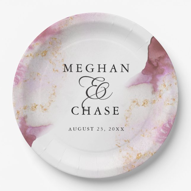 Watercolor Rose Quartz Gold Geode BarefootBride™ Paper Plates (Front)