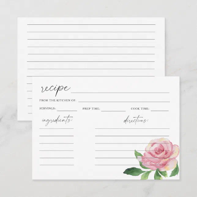 Watercolor Rose - recipe card | Zazzle