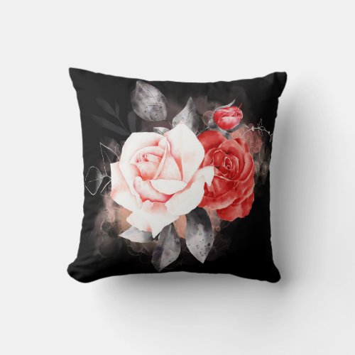 Watercolor rose red white arrangement black ground throw pillow