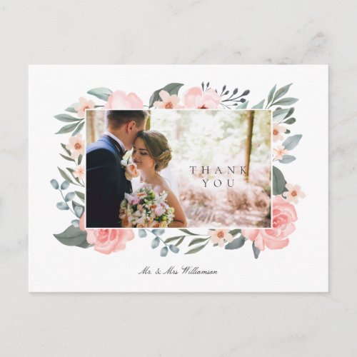 Watercolor Rose  Sage Greenery Wedding Thank You Postcard