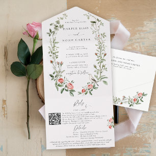 Watercolor Rose Vines Bird Garden Elegant Wedding All In One Invitation