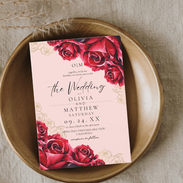 Watercolor Rose Wedding Red Gold Invitation (Creator Uploaded)
