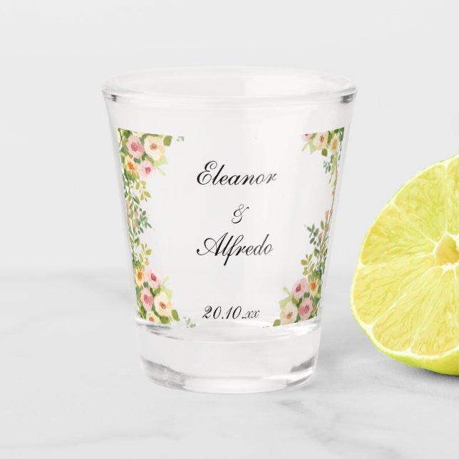 Watercolor Rose Wedding  Shot Glass (Front)