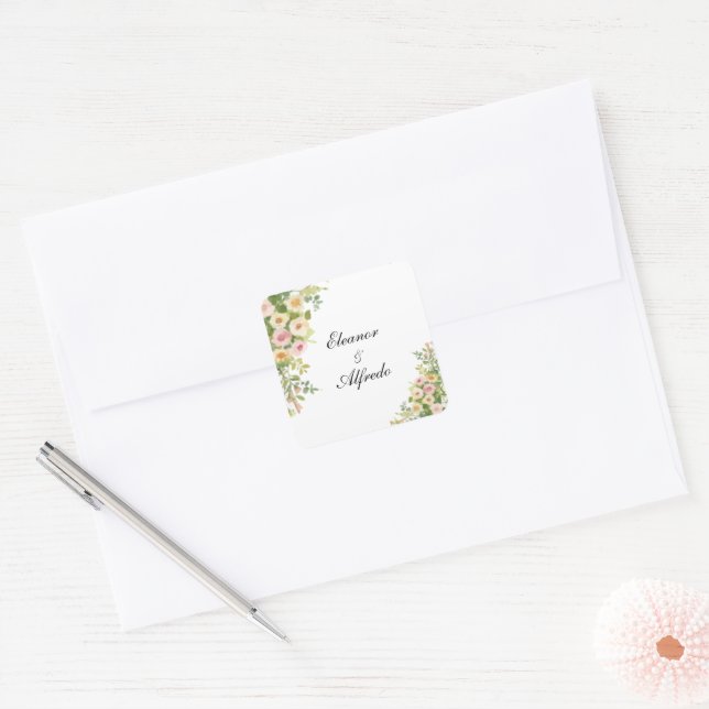 Watercolor Rose Wedding  Square Sticker (Envelope)