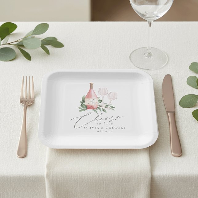 Watercolor Rose Wine Botanical Cheers to Love Paper Plates (Creator Uploaded)