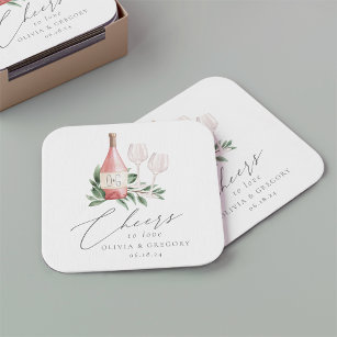Watercolor Rose Wine Botanical Cheers to Love Square Paper Coaster