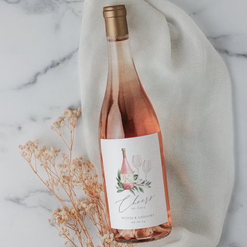 Watercolor Rose Wine Botanical Cheers to Love Wine Label