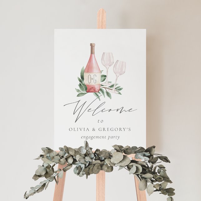 Watercolor Rose Wine Botanical Event Welcome Sign (Rose wine theme welcome sign for your engagement party, bridal shower or rehearsal dinner)