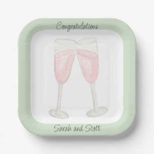 Watercolor Rose Wine Filled Champagne Glasses Paper Plates