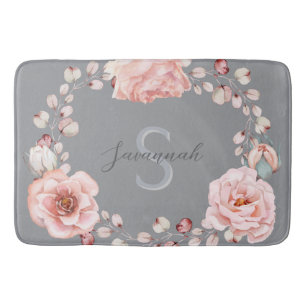 Watercolor Rose Wreath Personalized Gray Bath Mat