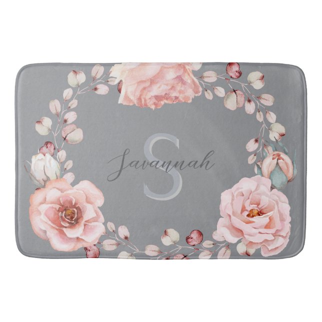 Watercolor Rose Wreath Personalized | Gray Bath Mat (Front)