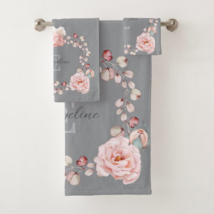 Watercolor Rose Wreath Personalized   Gray Bath Towel Set