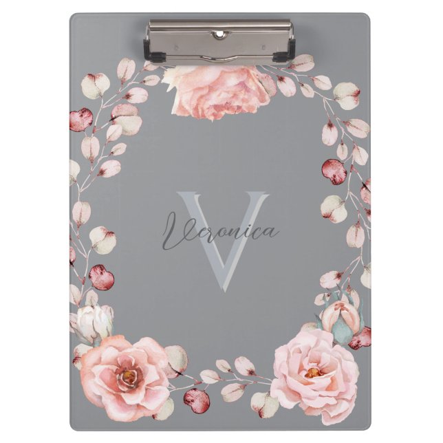 Watercolor Rose Wreath Personalized | Gray Clipboard (Front)