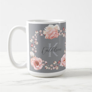 Watercolor Rose Wreath Personalized Gray Coffee Mug