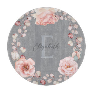 Watercolor Rose Wreath Personalized   Gray Cutting Board