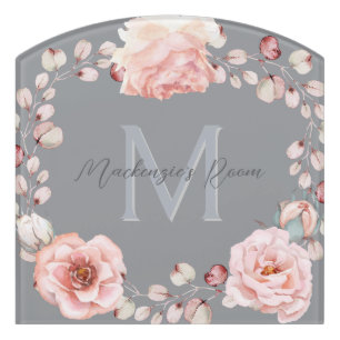 Watercolor Rose Wreath Personalized   Gray Door Sign