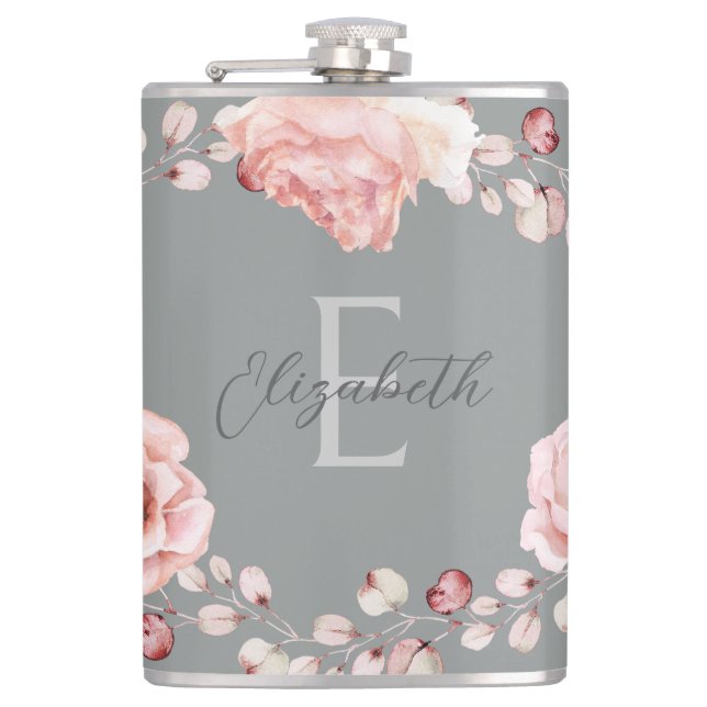 Watercolor Rose Wreath Personalized | Gray Flask (Front)