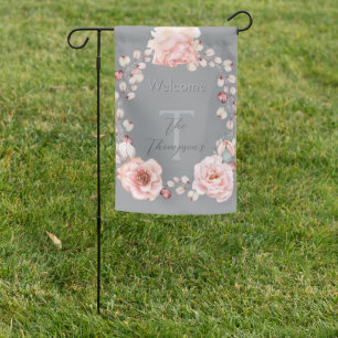 Watercolor Rose Wreath Personalized Gray Garden Flag