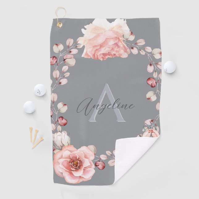 Watercolor Rose Wreath Personalized | Gray Golf Towel (InSitu)