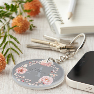 Watercolor Rose Wreath Personalized | Gray Keychain