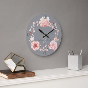 Watercolor Rose Wreath Personalized Gray Large Clock