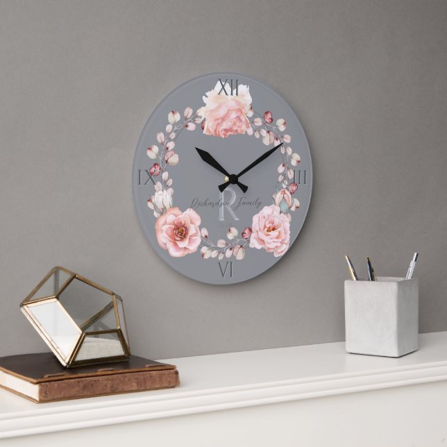 Watercolor Rose Wreath Personalized | Gray Large Clock (Office)
