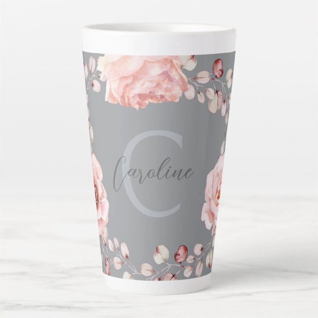 Watercolor Rose Wreath Personalized | Gray Latte Mug (Front)