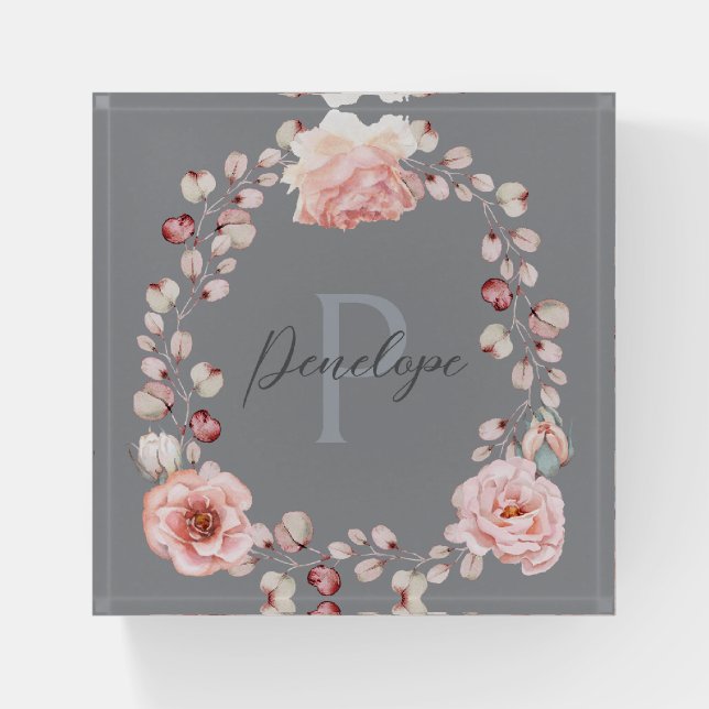 Watercolor Rose Wreath Personalized | Gray Paperweight (Front)