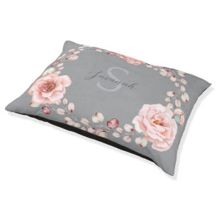 Watercolor Rose Wreath Personalized   Gray Pet Bed