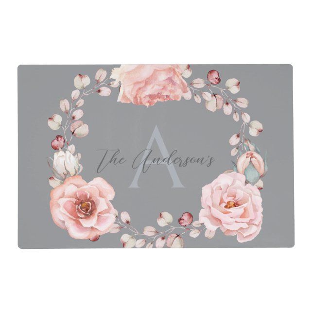 Watercolor Rose Wreath Personalized | Gray Placemat (Front)