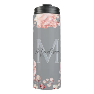 Watercolor Rose Wreath Personalized   Gray Thermal Tumbler