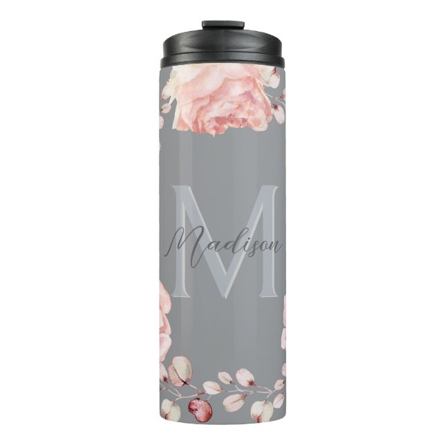 Watercolor Rose Wreath Personalized | Gray Thermal Tumbler (Front)