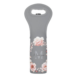Watercolor Rose Wreath Personalized Gray Wine Bag