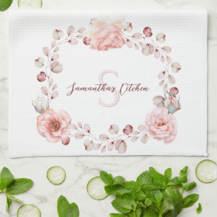 Watercolor Rose Wreath Personalized Kitchen Towel