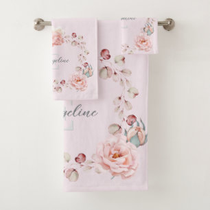 Watercolor Rose Wreath Personalized Pink Bath Towel Set