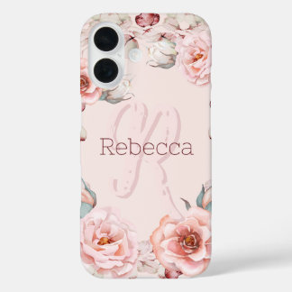 Watercolor Rose Wreath Personalized | Pink iPhone 16 Case