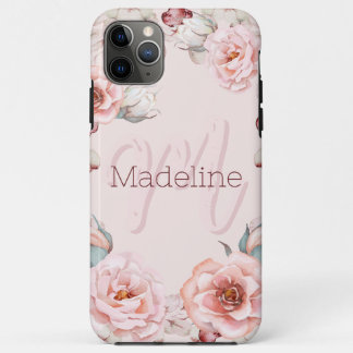 Watercolor Rose Wreath Personalized | Pink iPhone 11 Pro Max Case