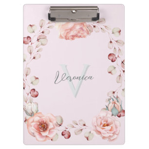 Watercolor Rose Wreath Personalized Pink Clipboard