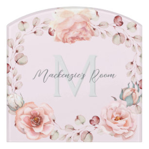 Watercolor Rose Wreath Personalized Pink Door Sign
