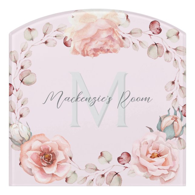 Watercolor Rose Wreath Personalized | Pink Door Sign (Contour Front)