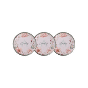 Watercolor Rose Wreath Personalized Pink Golf Ball Marker