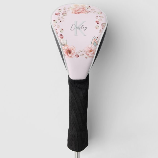 Watercolor Rose Wreath Personalized | Pink Golf Head Cover (Front)