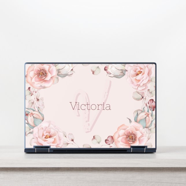 Watercolor Rose Wreath Personalized | Pink HP Laptop Skin (Front)