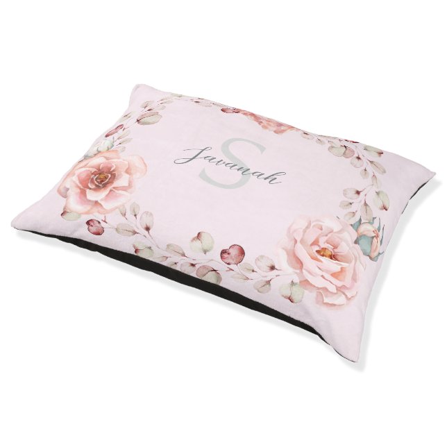 Watercolor Rose Wreath Personalized | Pink Pet Bed (Angled)