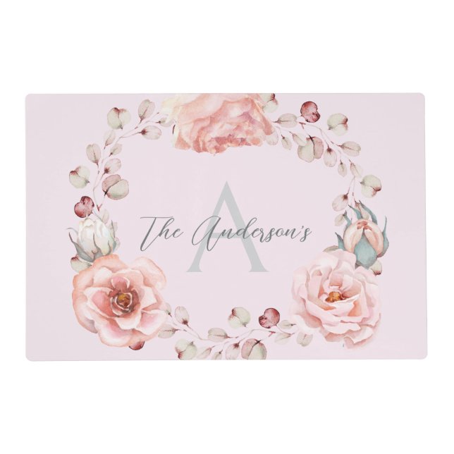 Watercolor Rose Wreath Personalized | Pink Placemat (Front)