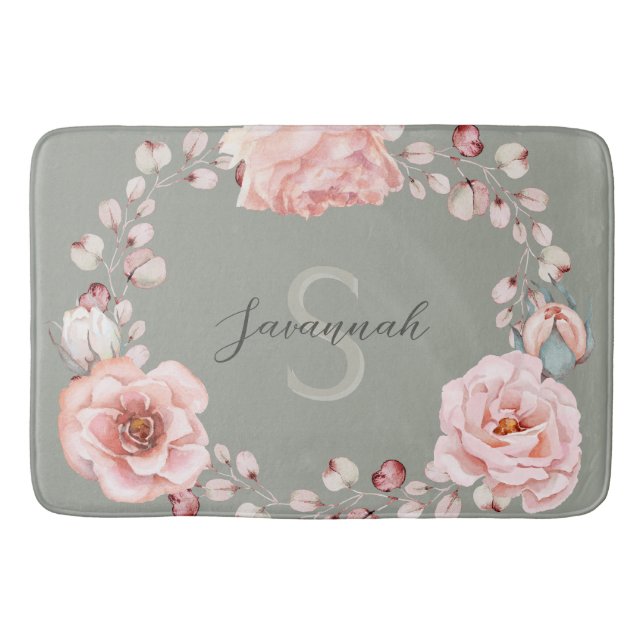 Watercolor Rose Wreath Personalized | Sage Green Bath Mat (Front)