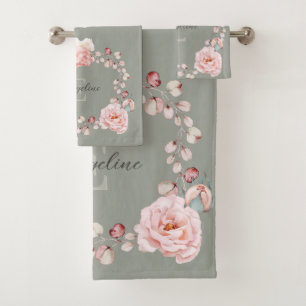 Watercolor Rose Wreath Personalized   Sage Green Bath Towel Set